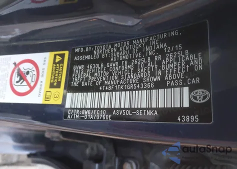 2016 Toyota Camry Le z USA, uszkodzony, nr VIN 4T4BF1FK1GR543366